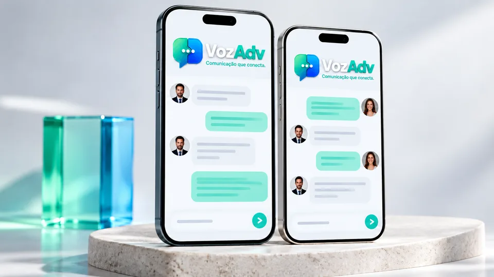 Dois celulares lado a lado mostrando a mesma conversa no VozAdv: a tela do escritório e a tela do cliente.